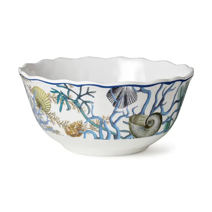 Marina Blue Deep Serving Bowl - Blues & tan on white - Seashells, coral reef, starfish - Scalloped Blue edges - Coastal Compass Home Decor