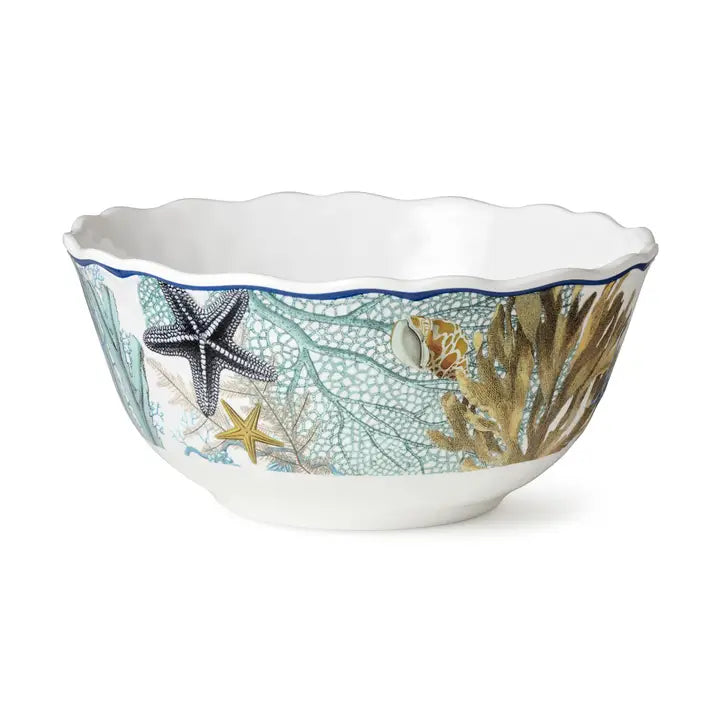 Marina Blue Deep Serving Bowl - Blues & tan on white - Seashells, coral reef, starfish - Scalloped Blue edges - Coastal Compass Home Decor