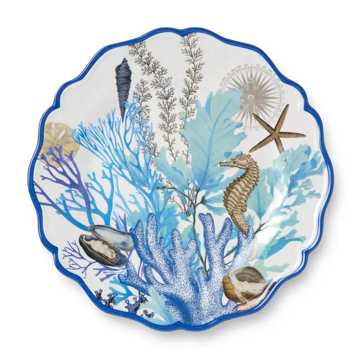 Marina Blue Dinner Plate Set - Blue Scalloped Edges - Blue & Grey intricate sea life design - White background - Coastal Compass Home Decor