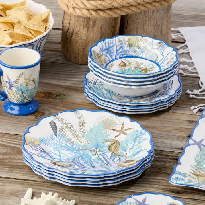 Marina Blue Dinnerware Set - Blue Scalloped Edges - Blue & Grey intricate sea life design - White background - dinner plates - salad plates - bowls -Coastal Compass Home Decor