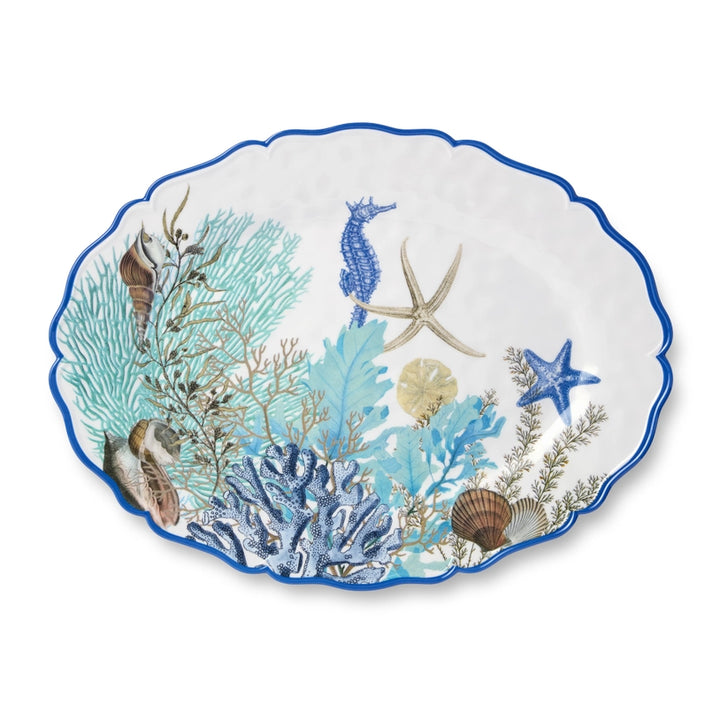 Marina Blue Oval Platter - Melamine - Blue, white & tan - Coral, seahorse, seashells & starfish - Blue scalloped edge - Coastal Compass Home Decor