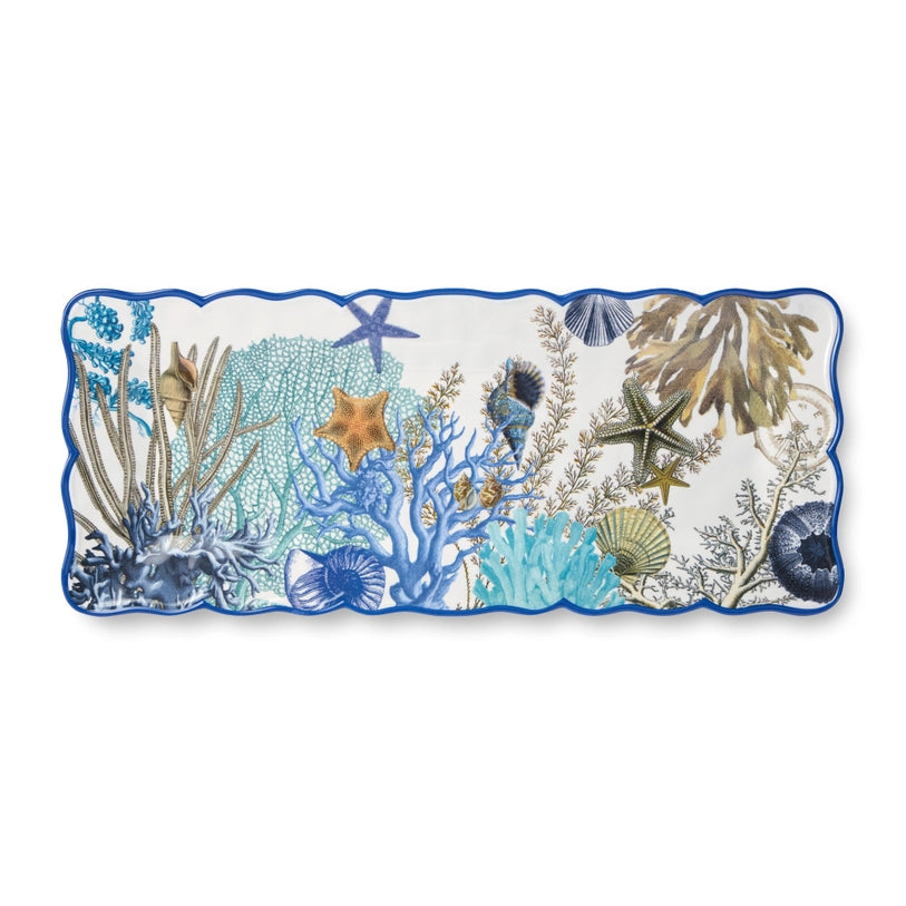 Marina Blue Rectangle Platter - Blues & White with tan - Seashells, starfish & coral reef - Blue scalloped edge - Coastal Compass Home Decor