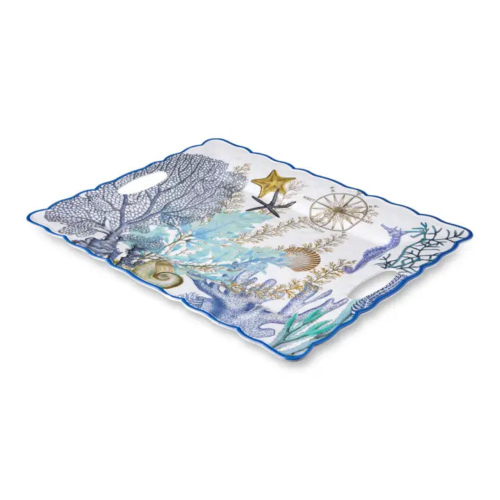 Marina Blue Rectangular Tray - Blues, tans & white - Seashells, starfish, coral reef & seahorse design - Scalloped Blue Edge - Handles - Coastal Compass Home Decor