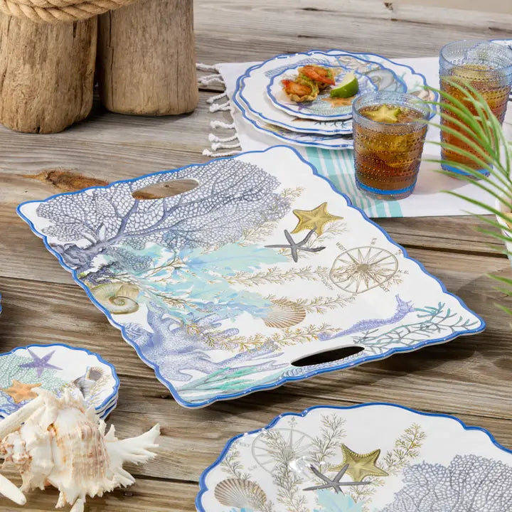 Marina Blue Rectangular Tray - Blues, tans & white - Seashells, starfish, coral reef & seahorse design - Scalloped Blue Edge - Handles - Coastal Compass Home Decor