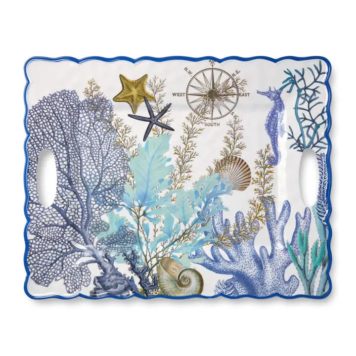 Marina Blue Rectangular Tray - Blues, tans & white - Seashells, starfish, coral reef & seahorse design - Scalloped Blue Edge - Handles - Coastal Compass Home Decor