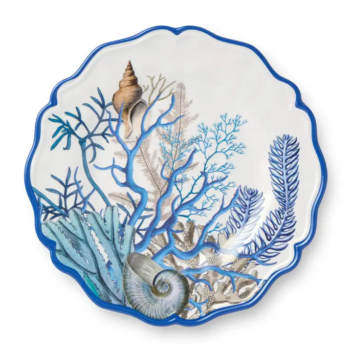 Tide Coral Salad Plate Set - Blue Scalloped Edges - Intricate Coral & Seashell Design - Blues & Greys on white background - Coastal Compass Home Decor