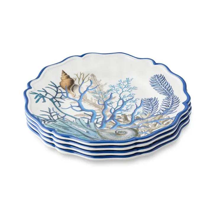 Marina Blue Salad Plate Set/4 - Blue Scalloped Edges - Intricate Coral & Seashell Design - Blues & Greys on white background - Coastal Compass Home Decor