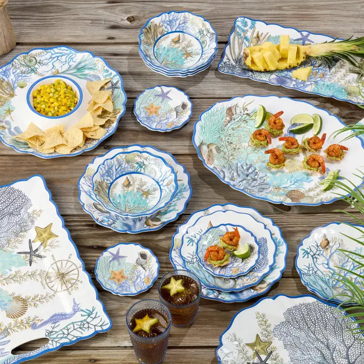 Marina Blue Table Setting - Serving Platters - Serving Bowl - Dinner Plates - Salad Plates - Bowls - Blue Scalloped Edges - Blues, browns & neutral hues - Intricate sealife design - Coastal Compass Home Decor