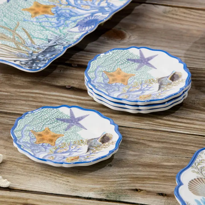 Marina Blue Canape Plate Set - Set of 4 - Blue Scalloped edges - Coral reef, starfish & seashell design - Blue, teal, tean & white - Coastal Compass Home Decor