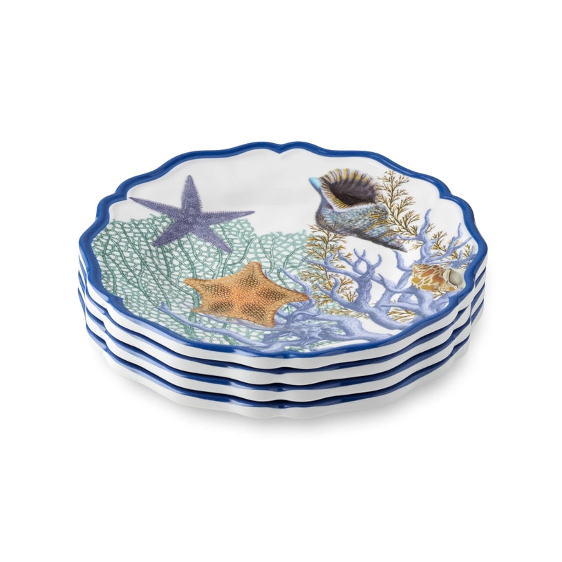 Marina Blue Canape Plate Set - Set of 4 - Blue Scalloped edges - Coral reef, starfish & seashell design - Blue, teal, tean & white - Coastal Compass Home Decor