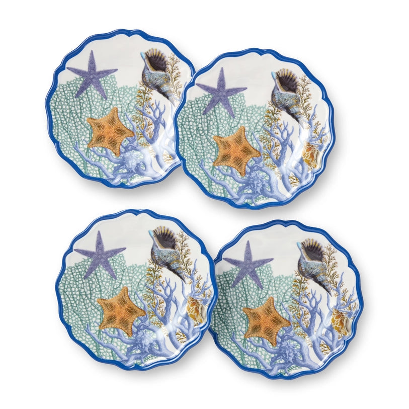 Marina Blue Canape Plate Set - Set of 4 - Blue Scalloped edges - Coral reef, starfish & seashell design - Blue, teal, tean & white - Coastal Compass Home Decor