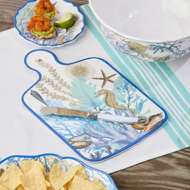 Marina Blue Cheese Board - Blue Edge - Coral reef, seashells, starfish & seahorse design, blues teal & tan - Coastal Compass Home Decor