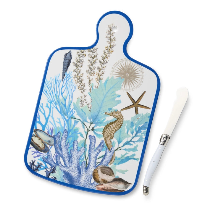 Marina Blue Cheese Board - Blue Edge - Coral reef, seashells, starfish & seahorse design, blues teal & tan - Coastal Compass Home Decor
