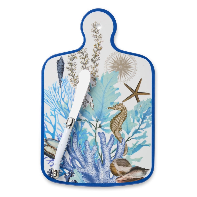 Marina Blue Cheese Board - Blue Edge - Coral reef, seashells, starfish & seahorse design, blues teal & tan - Coastal Compass Home Decor