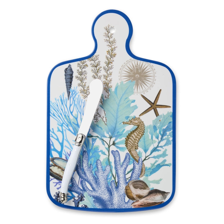 Marina Blue Cheese Board - Blue Edge - Coral reef, seashells, starfish & seahorse design, blues teal & tan - Coastal Compass Home Decor