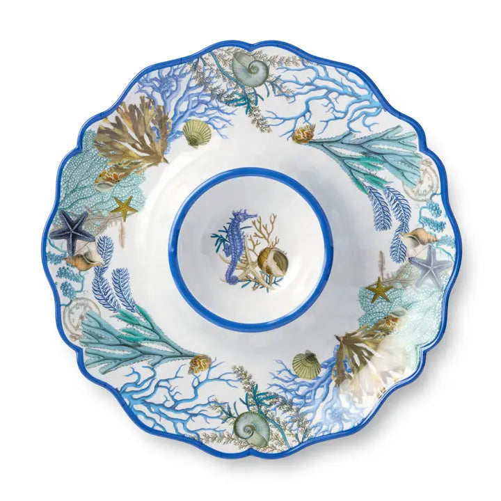 Marina Blue Chip & Dip Tray - Blues, tan & white - Seashells, coral reef, starfish & seahorse design - blue scalloped edges - Coastal Compass Home Decor