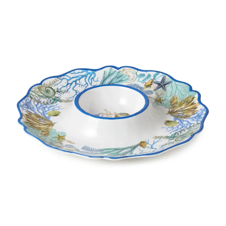 Marina Blue Chip & Dip Tray - Blues, tan & white - Seashells, coral reef, starfish & seahorse design - blue scalloped edges - Coastal Compass Home Decor