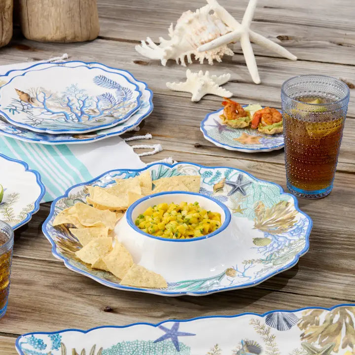 Marina Blue Chip & Dip Tray - Blues, tan & white - Seashells, coral reef, starfish & seahorse design - blue scalloped edges - Coastal Compass Home Decor