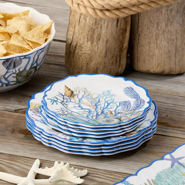 Marina Blue Salad Plate Set 4 - Marina Blue Dinner Plate Set 4 - Blue Scalloped Edges - Intricate Coral & Seashell Design - Blues & Greys on white background - Coastal Compass Home Decor