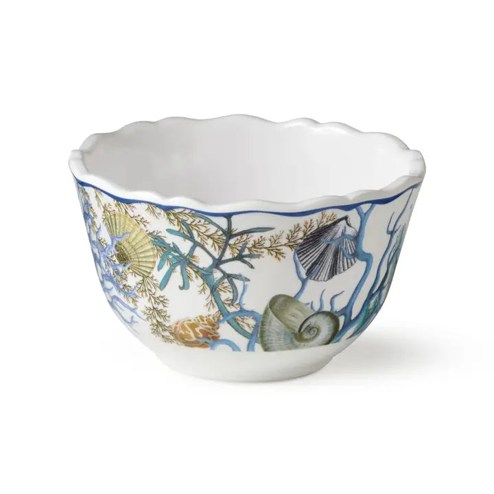 Marina Blue Dipping Bowl Set - Blue, Tan & White - Starfish, Seashells & coral reef - Bleu Scalloped edge - Set of 4 - Coastal Compass Home Decor