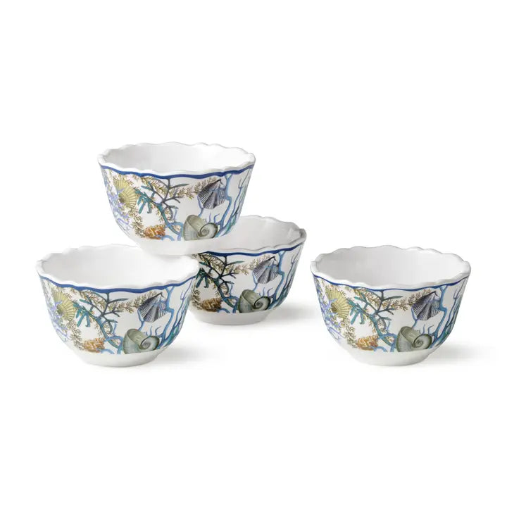 Marina Blue Dipping Bowl Set - Blue, Tan & White - Starfish, Seashells & coral reef - Bleu Scalloped edge - Set of 4 - Coastal Compass Home Decor