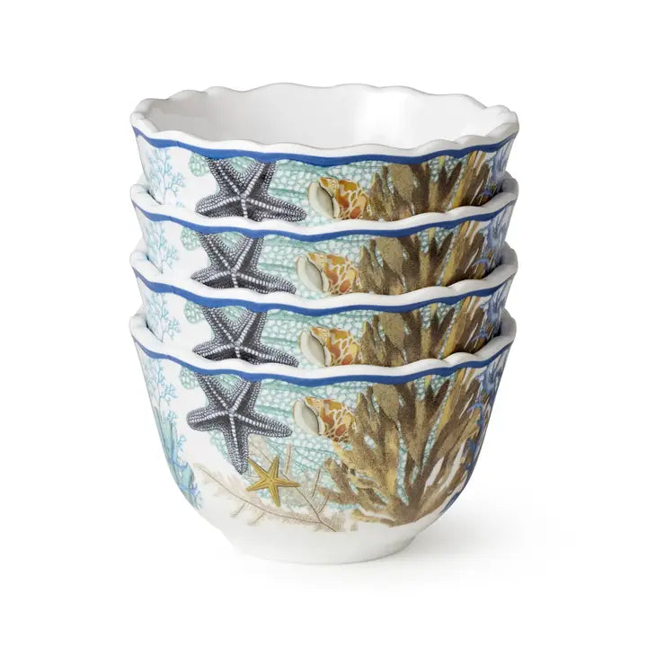Marina Blue Dipping Bowl Set - Blue, Tan & White - Starfish, Seashells & coral reef - Bleu Scalloped edge - Set of 4 - Coastal Compass Home Decor