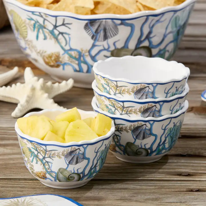 Marina Blue Dipping Bowl Set - Blue, Tan & White - Starfish, Seashells & coral reef - Bleu Scalloped edge - Set of 4 - Coastal Compass Home Decor