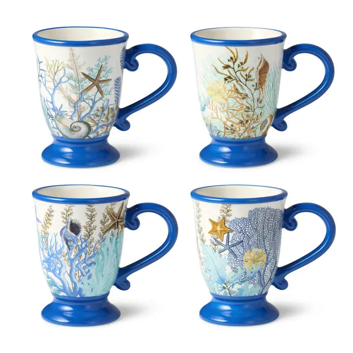 Marina Blue Mug Set - Blue Handle, rim & Base - Coral reefs, seashells & starfish design - Set of 4 - Coastal Compass Home Decor