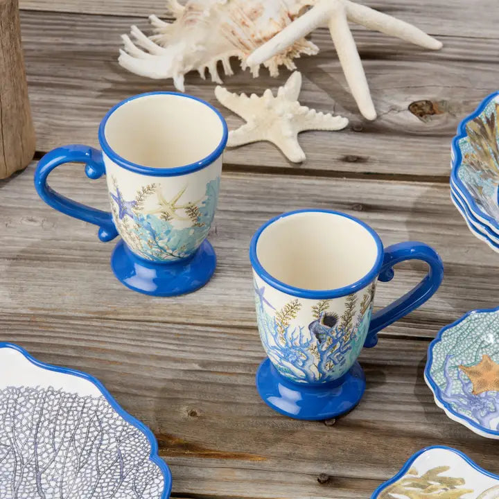 Marina Blue Mug Set - Blue Handle, rim & Base - Coral reefs, seashells & starfish design - Set of 4 - Coastal Compass Home Decor
