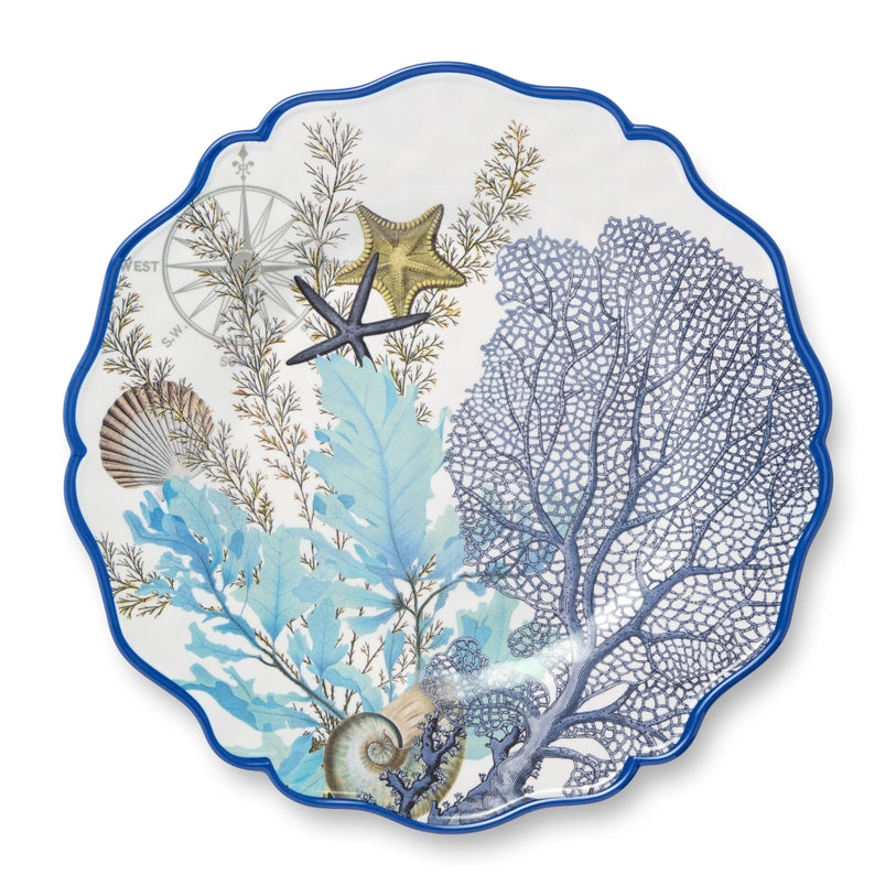 Marina Blue Round Platter - Blue scalloped edges - starfish, coral reef & seashell design - Coastal Compass Home Decor