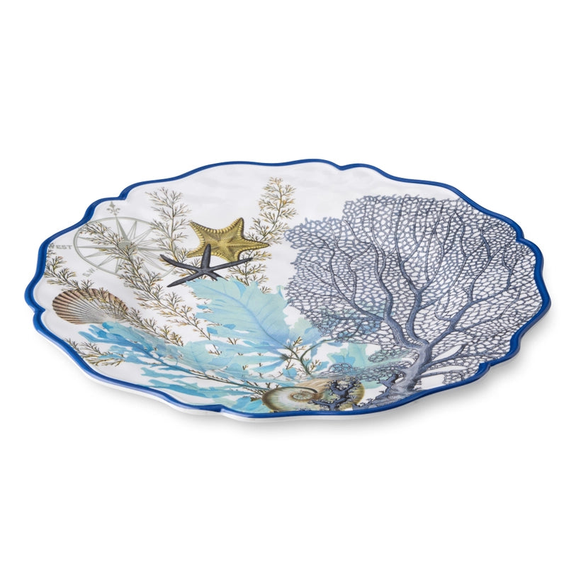 Marina Blue Round Platter - Blue scalloped edges - starfish, coral reef & seashell design - Coastal Compass Home Decor