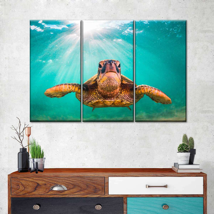 Maui Green Turtle Wall Art - Turtle Art - Under the sea - 3 Piece Canvas - Coastal Compass Home Decor