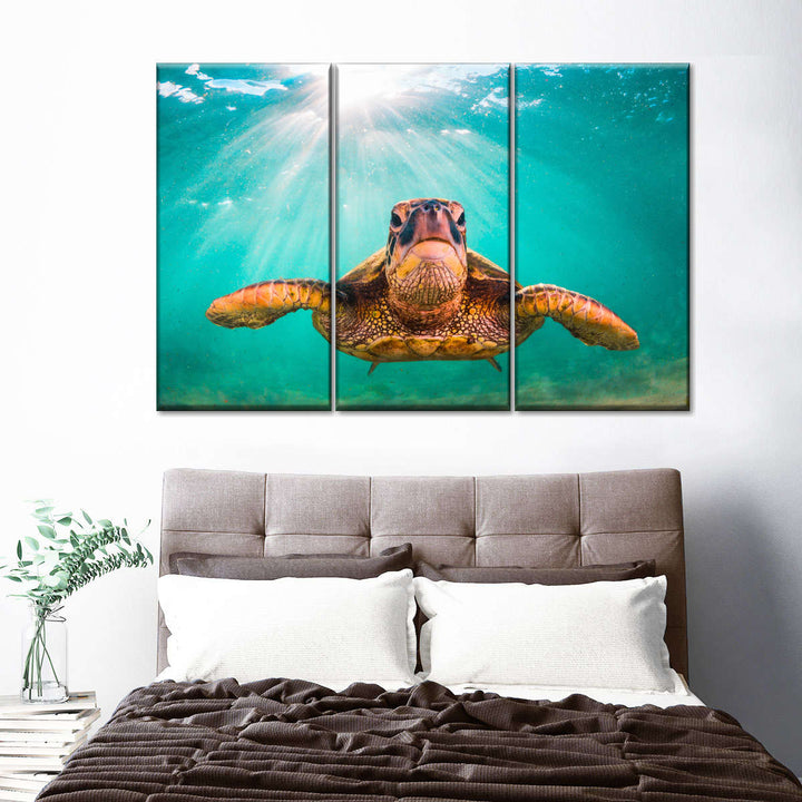 Maui Green Turtle Wall Art - Turtle Art - Under the sea - 3 Piece Canvas - Coastal Compass Home Decor