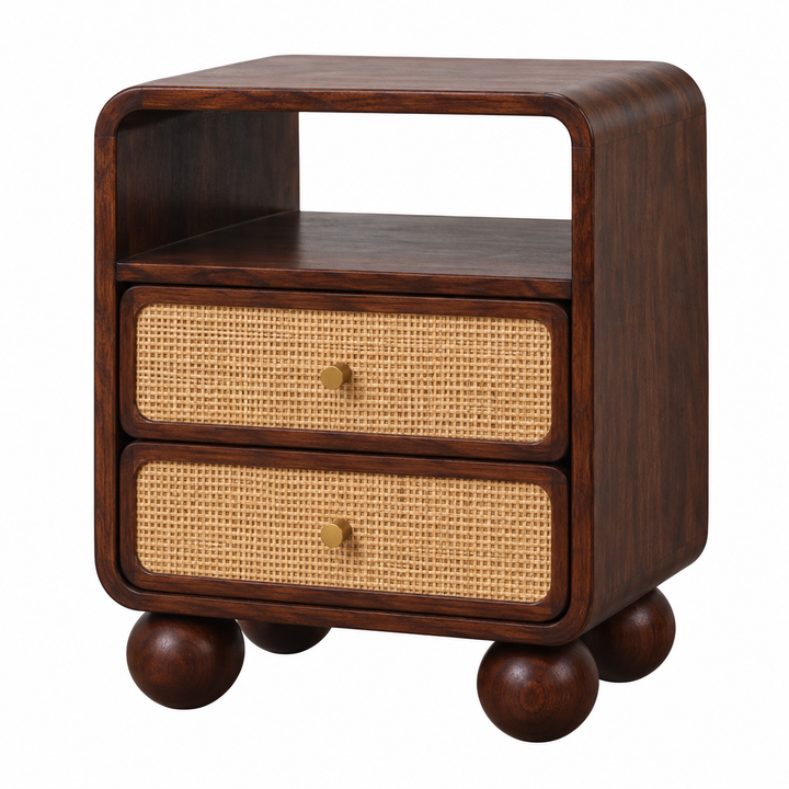 Rattan &amp; Walnut Nightstand