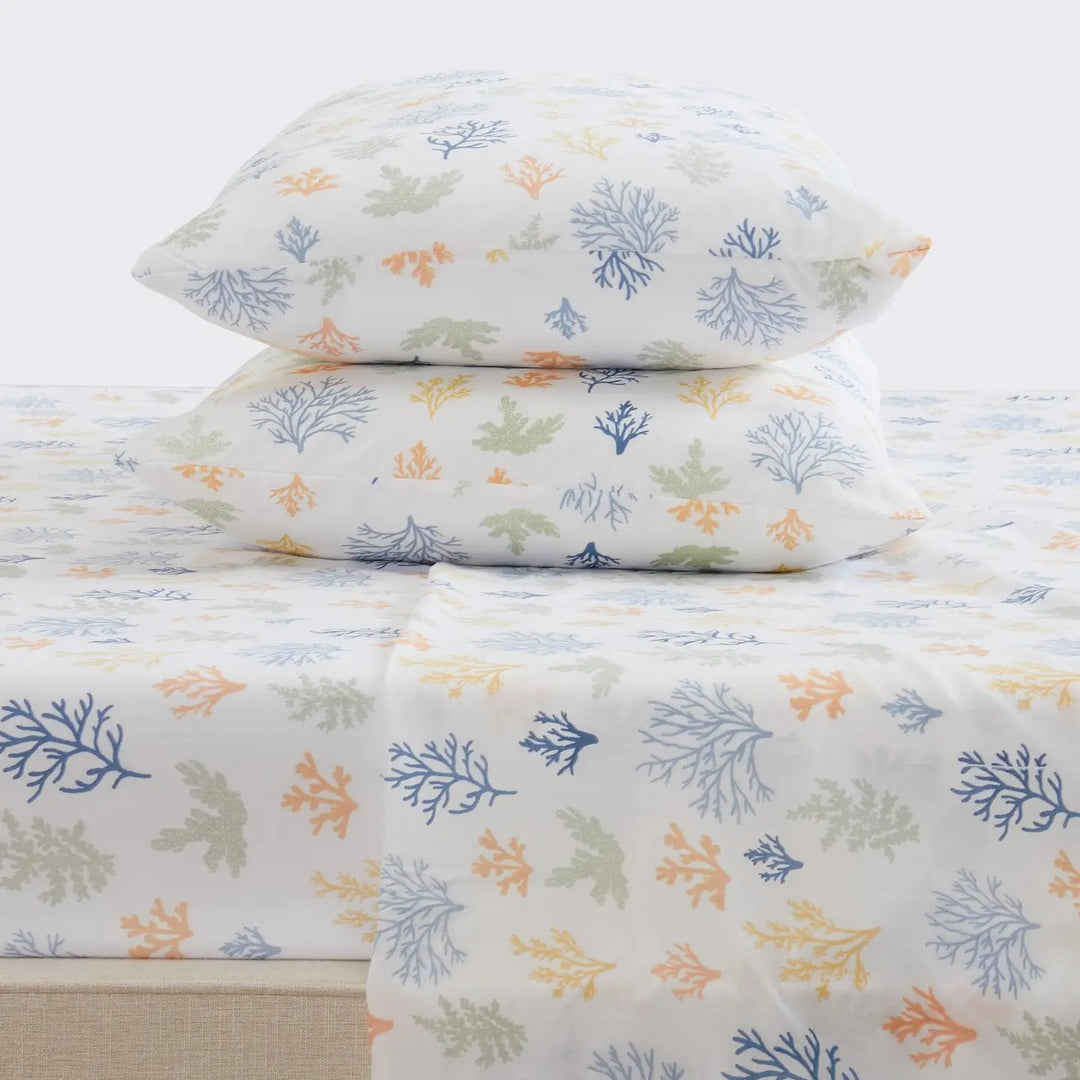 Microfiber Nantucket Sheet Set - Colorful Coral on White - Coastal Compass Home Decor