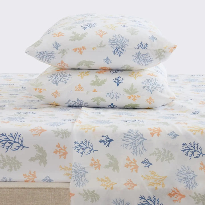 Microfiber Nantucket Sheet Set - Colorful Coral on White - Coastal Compass Home Decor