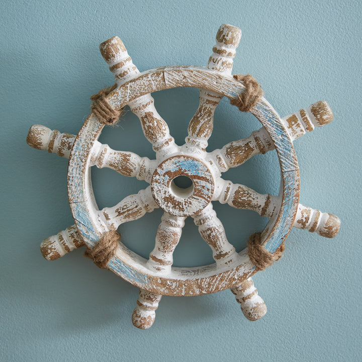 Nautical Wheel Wall Decor - White Vintage Finish - Natural Wood - Coastal Compass Home Decor