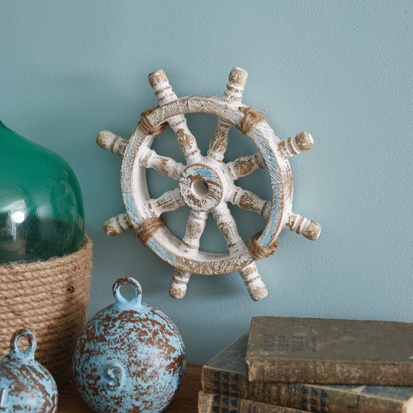 Nautical Wheel Wall Decor - White Vintage Finish - Coastal Compass Home Decor