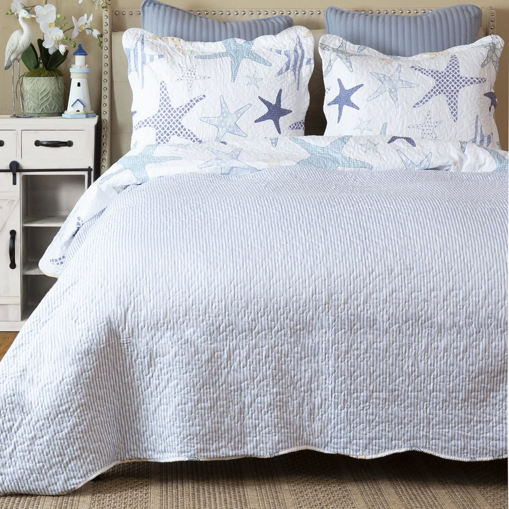 Nautical Starfish Quilt Set - Reversible - Blue Striped Reverse - Coastal Compass Home Decor