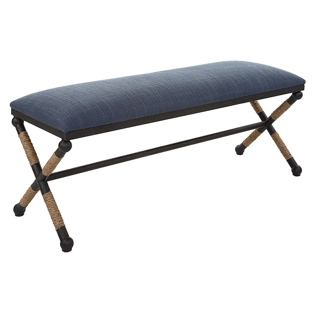 Navy & Rope Bench - Navy cushion upholstery - iron frame - X legs - rope wrap on leg detailing - Coastal Compass Home Decor