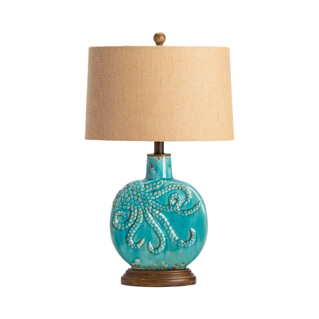 Ocean Octopus Table Lamp - Blue Glaze - Raised Octopus Design - Natural Linen Shade - Coastal Compass Home Decor