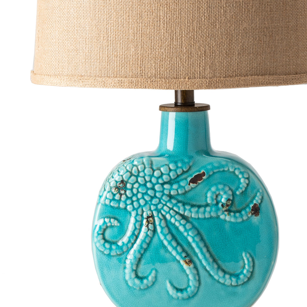 Ocean Octopus Table Lamp - Blue Glaze - Raised Octopus Design - Natural Linen Shade - Natural Distress - Coastal Compass Home Decor