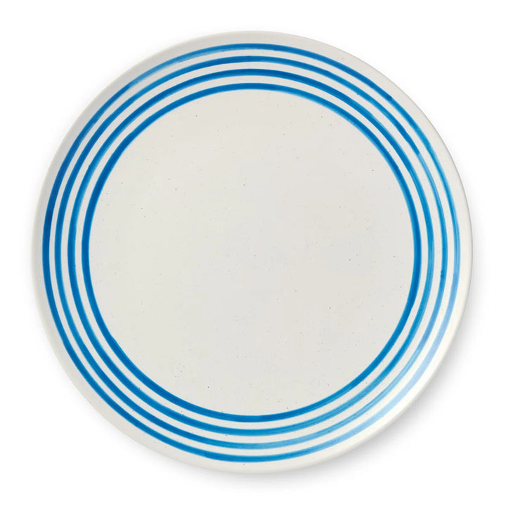 Ocean Side Blue Dinner Plate Set - Blue striped rim - white stoneware - Coastal Compass Home Decor