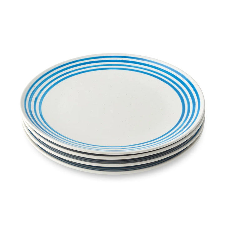 Ocean Side Blue Dinner Plate Set - Blue striped rim - white stoneware - Coastal Compass Home Decor