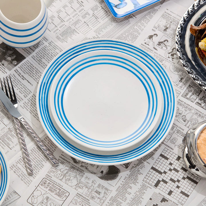 Ocean Side Blue Dinner Plate Set - Blue striped rim - white stoneware - Coastal Compass Home Decor