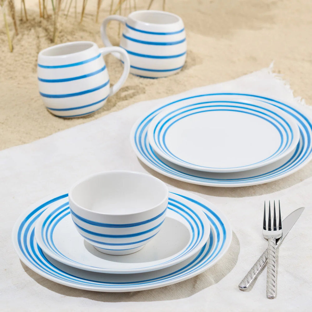 Ocean Side Blue Dinnerware - Blue striped rim plates - striped mugs - striped bowls - Coastal Compass Home Decor