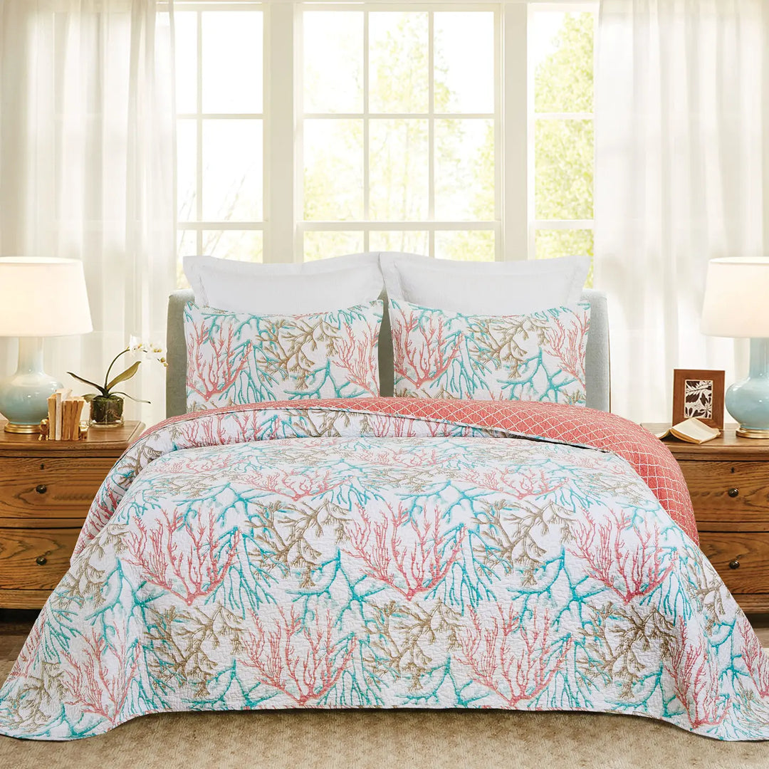 Oceanic Reef Quilt Set - Coral - Teal, Pink & Tan - Coral Pink Lattice pattern reverse - Coastal Compass Home Decor