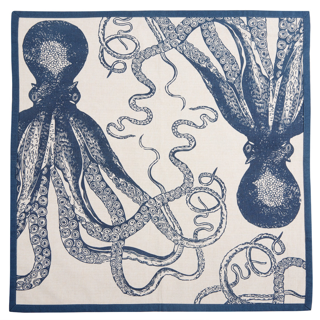 Nautical-theme designed cotton napkin with octopus and tentacles on a beige napkin
