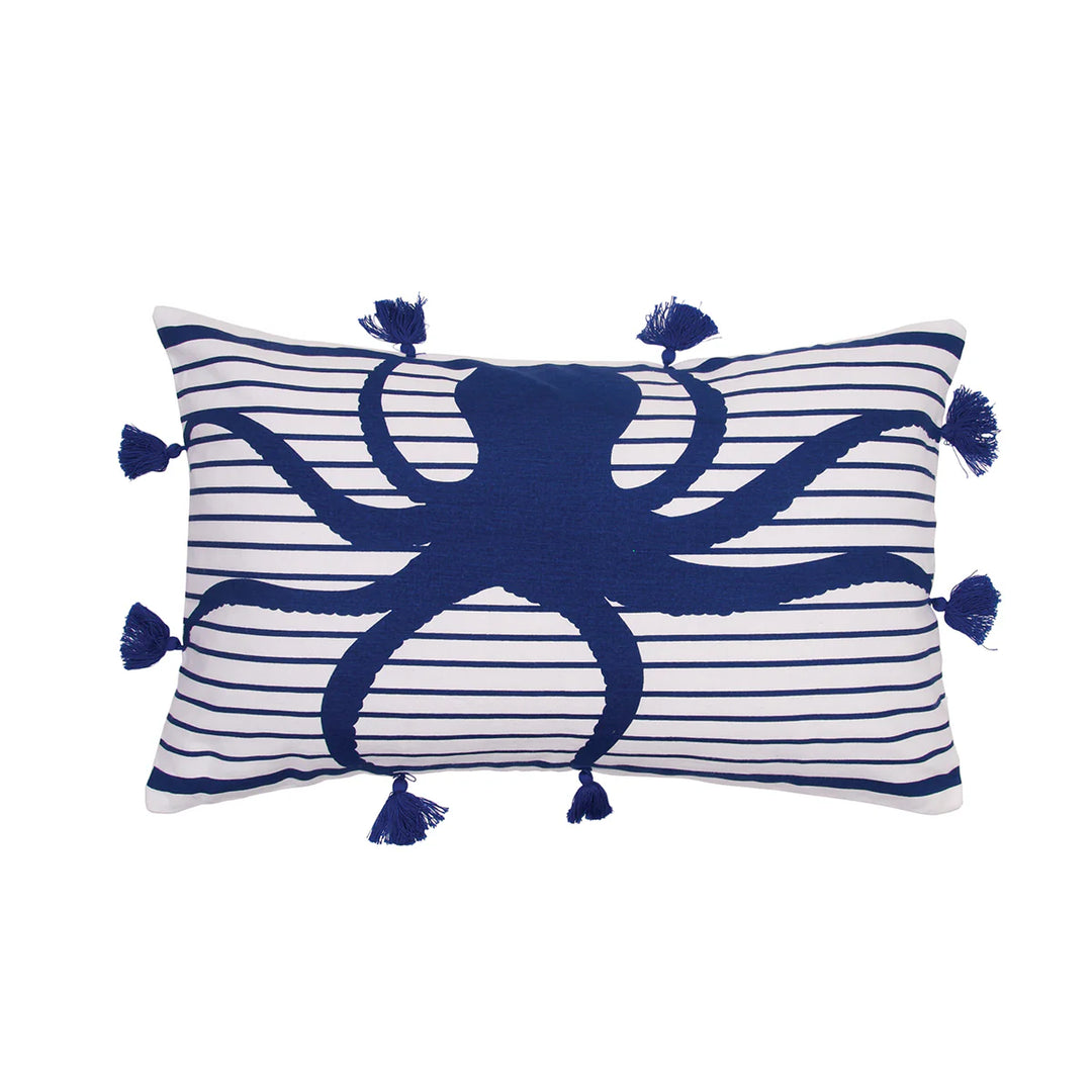Decorative pillow with blue octopus design with stripes and tassels on a white background