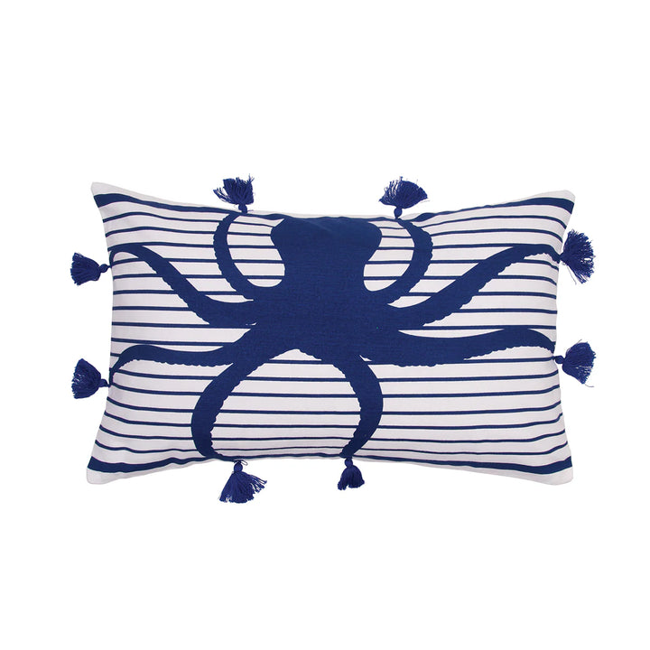 Decorative pillow with blue octopus design with stripes and tassels on a white background